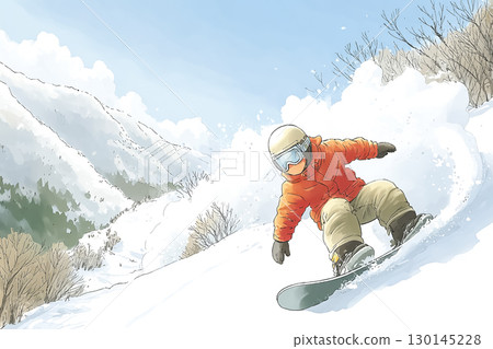 一名中級單板滑雪者從斜坡上滑下 130145228