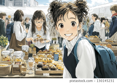 Miyu Series: A scene where a high school girl chooses new items at a sweets stall at an autumn festival 130145231
