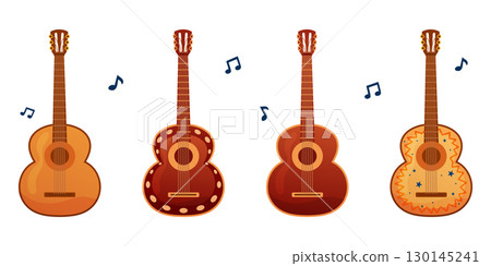 Set of acoustic guitars with decorative details and music notes 130145241