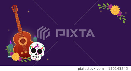Colorful Dia de los Muertos banner with guitar, sugar skull, candles and flowers Colorful Dia de los Muertos banner with guitar, sugar skull, candles and flowers 130145243