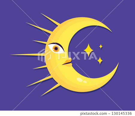 Shiny crescent moon character on night sky with stars. Cartoon crescent icon in flat style. Vector illustration 130145336