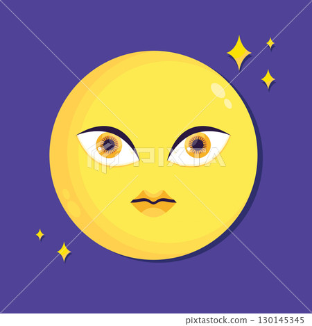 Cartoon moon character on night sky. Celestial moon icon in flat style. Vector illustration 130145345