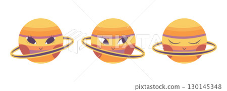 Cute boho Saturn planet characters. Cartoon Saturn set. Vector illustration 130145348