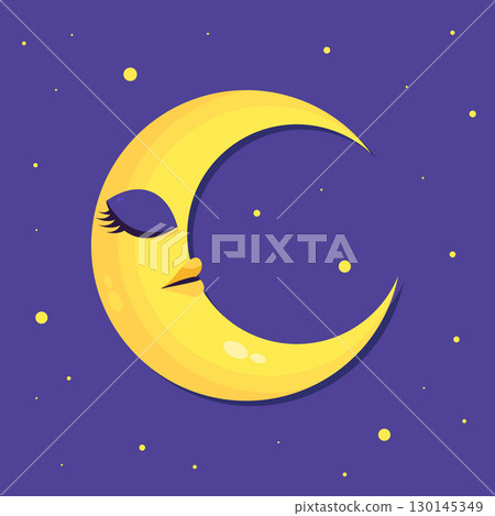 Flat sleepy crescent character on night sky. Cartoon crescent. Vector illustration 130145349