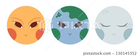 Hand drawn boho planet characters set. Cartoon Sun, Earth and Moon. Vector illustration 130145352