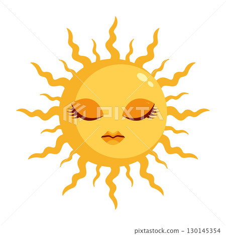 Flat sun character with human face and closed eyes. Sun icon isolated on white background. Vector illustration Flat sun character with human face and closed eyes. Sun icon isolated on white background. Vector illustration 130145354