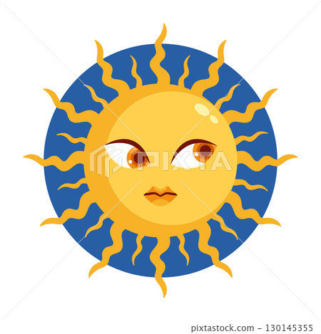 Round sun icon. Flat sun character with human face. Vector illustration Round sun icon. Flat sun character with human face. Vector illustration 130145355