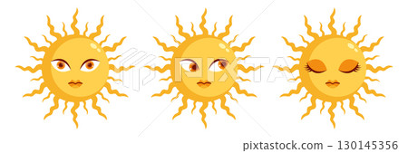 Set of cartoon sun characters. Sun icons with human face. Flat style. Vector illustration Set of cartoon sun characters. Sun icons with human face. Flat style. Vector illustration 130145356