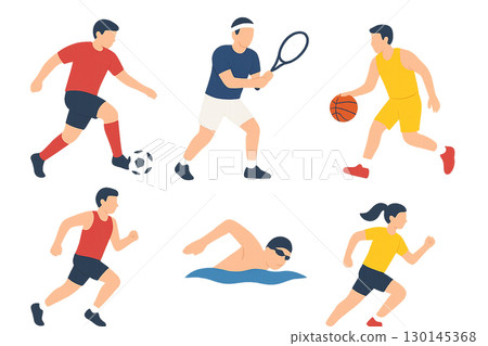 Set of 6 sports illustrations (soccer, tennis, basketball, running (men and women), swimming) Set of 6 sports illustrations (soccer, tennis, basketball, running (men and women), swimming) 130145368