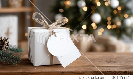 Christmas and New Year mockup of white gift box with blank tag on festive background and copy space, warm color tone. 130145595