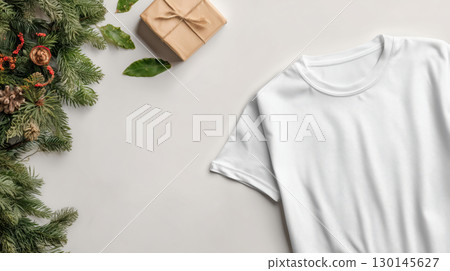 Christmas and New Year mockup of plain white t-shirt lay on festive background, with pine branches and copy space, green and white color tone. 130145627