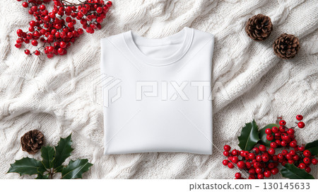 Christmas and New Year mockup of plain white folded t-shirt on festive background and copy space, white, red and green color tone. 130145633