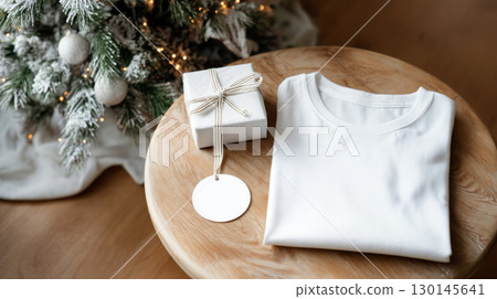 Christmas and New Year mockup of plain white folded t-shirt on wooden table, festive background and copy space, warm color tone. 130145641