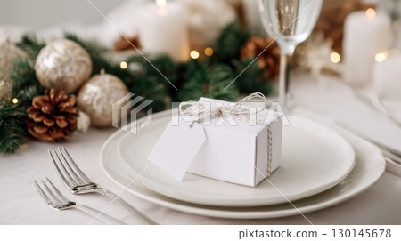 Christmas and New Year mockup of white gift box with blank tag on festive background and copy space, warm white color tone. Christmas and New Year mockup of white gift box with blank tag on festive background and copy space, warm white color tone. 130145678