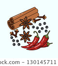 Spices illustration with cinnamon star anise cloves pepper and chili peppers 130145711