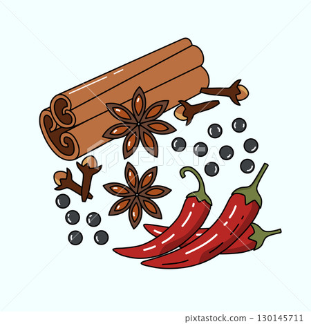 Spices illustration with cinnamon star anise cloves pepper and chili peppers 130145711
