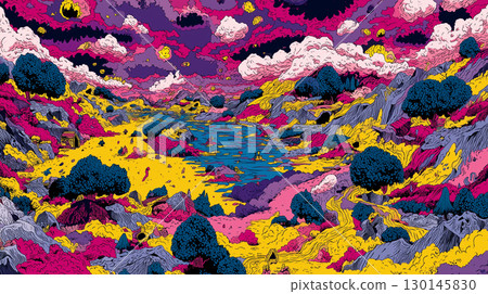 Colorful Acid Psychedelic Art Landscape. High quality illustration 130145830