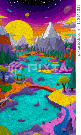 Colorful Acid Psychedelic Art Landscape. High quality illustration 130145833