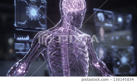Futuristic medical illustration of a human body scan with a highlighted brain, visualized through virtual MRI or X - ray imaging. The image emphasizes modern diagnostic technologies, neurology, and Futuristic medical illustration of a human body scan with a highlighted brain, visualized through virtual MRI or X - ray imaging. The image emphasizes modern diagnostic technologies, neurology, and 130145834