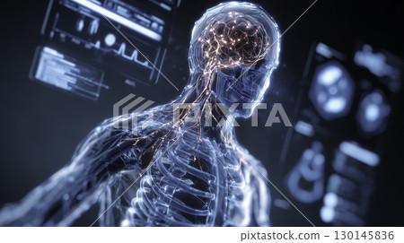 Futuristic medical illustration of a human body scan with a highlighted brain, visualized through virtual MRI or X - ray imaging. The image emphasizes modern diagnostic technologies, neurology, and Futuristic medical illustration of a human body scan with a highlighted brain, visualized through virtual MRI or X - ray imaging. The image emphasizes modern diagnostic technologies, neurology, and 130145836