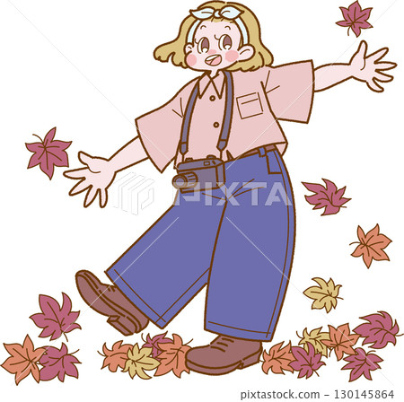 Illustration of a woman with a camera enjoying autumn leaves 130145864