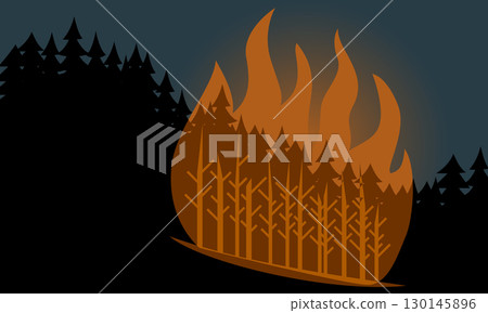 Minimal vector illustration of a forest fire with tall flames burning trees in a dark night forest. Abstract and impactful environmental disaster concept 130145896