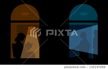 Vector illustration of two lit windows at night, showing silhouettes of a woman reading and a man working at a computer. Concept of privacy, contrast, and indoor life 130145899