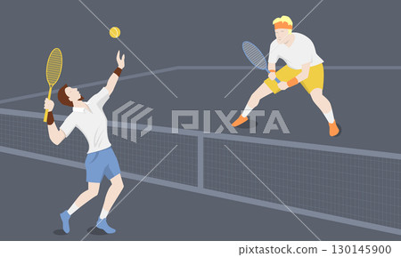 Vector illustration of two male tennis players on a court, one serving the ball while the other is ready to receive. Flat style sport concept with dynamic posture 130145900