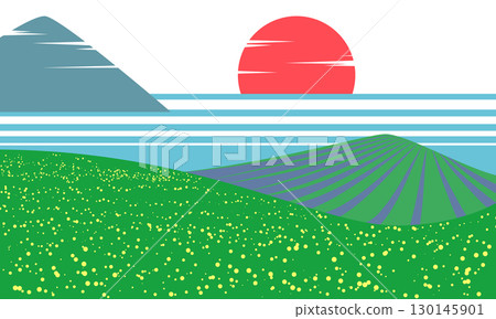 Minimal vector landscape with green fields, striped hills, large red sun and mountains on the horizon. Flat illustration of nature at sunset with graphic lines and vibrant colors 130145901
