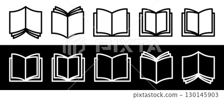 Open Book Silhouette. Simple Black and White Open Book Icons. 130145903