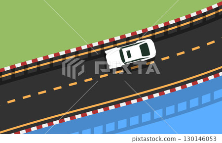 Vector illustration of a white car driving on a curved highway bridge over a river. Top view in flat minimal style. Transportation and travel concept Vector illustration of a white car driving on a curved highway bridge over a river. Top view in flat minimal style. Transportation and travel concept 130146053