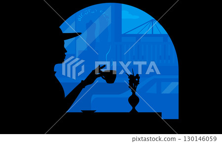 Vector illustration of a woman in silhouette drinking coffee by a window with a cityscape in the background. Calm, modern, and stylish cafe atmosphere in blue tones Vector illustration of a woman in silhouette drinking coffee by a window with a cityscape in the background. Calm, modern, and stylish cafe atmosphere in blue tones 130146059