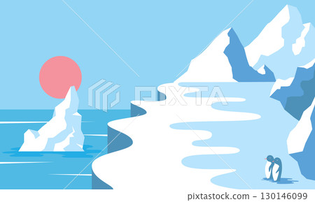 Minimal vector illustration of Antarctic landscape with snowy cliffs, floating iceberg, blue ocean, pink sun, and two penguins. Cold, peaceful, and scenic polar view 130146099