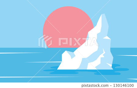 Flat vector illustration of a white iceberg floating in the blue ocean with a large pink sun on the horizon. Minimal arctic landscape in modern style 130146100