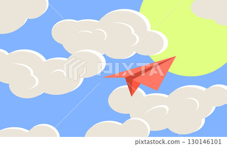 Vector illustration of a red paper plane flying through the blue sky with fluffy clouds and bright sun. Minimalistic, flat design with travel and freedom concept Vector illustration of a red paper plane flying through the blue sky with fluffy clouds and bright sun. Minimalistic, flat design with travel and freedom concept 130146101