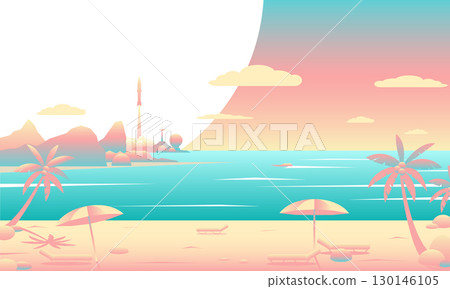 Minimal vector illustration of a futuristic rocket launch near a tropical beach with palm trees, umbrellas, sun loungers, mountains, and pastel sunset sky. Perfect for summer and space themes 130146105