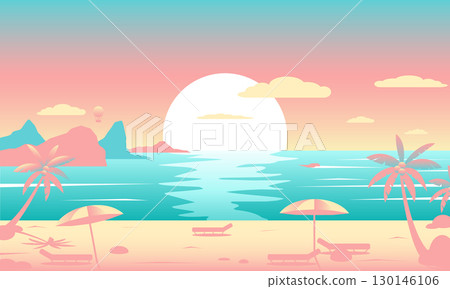 Tropical beach vector illustration with palm trees, umbrellas, sun loungers, calm sea, mountains, clouds, and sunset in pastel colors. Perfect for summer and vacation themes 130146106