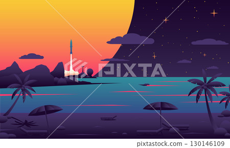 Colorful vector illustration of a rocket launching from a tropical island at sunset, with palm trees and beach chairs in the foreground, blending day and night sky 130146109