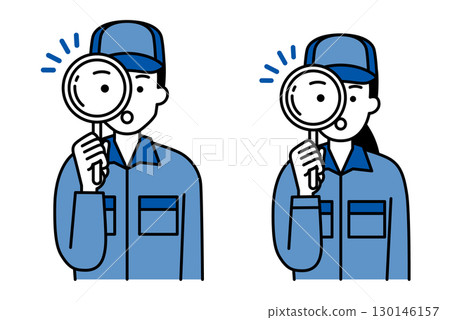 一群穿著工作服的男人和女人透過放大鏡看 130146157