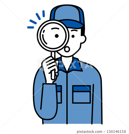 A man in overalls looking through a magnifying glass 130146158