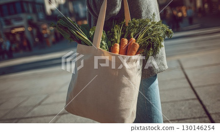Eco-Friendly Shopping with Tote Bag Filled with Fresh Vegetables Outdoors 130146254