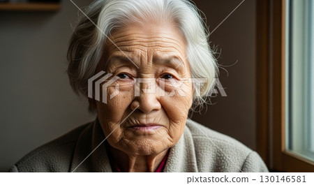 Portrait of elderly Asian woman with gray hair and wrinkled face 130146581