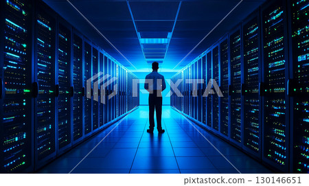 Individual standing in a server room surrounded by rows of illuminated data storage units, showcasing advanced technology and digital infrastructure in a high-tech environment 130146651