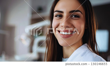 A confident woman with a bright smile showcases warmth and professionalism in a modern setting 130146655