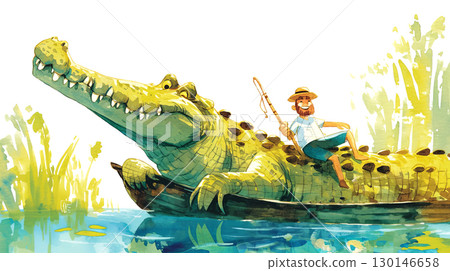 A whimsical scene featuring a fisherman lounging on a giant crocodile 130146658