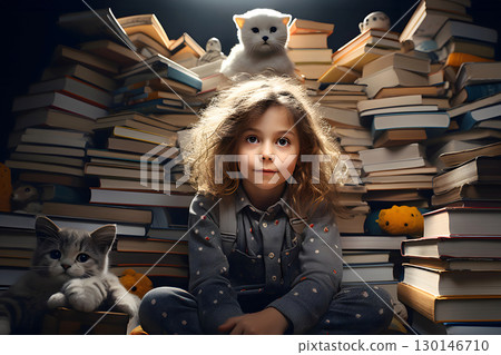 student girl sits against the background of a large stack of different books 130146710