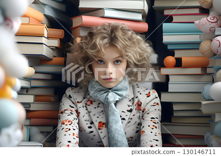 student girl sits against the background of a large stack of different books 130146711