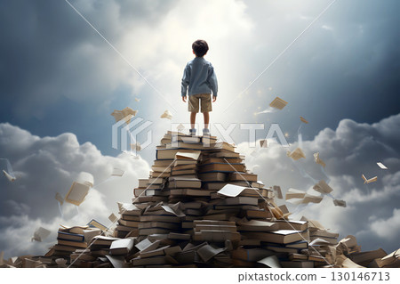 student boy stands on a hill of books. study and knowledge of science.  130146713