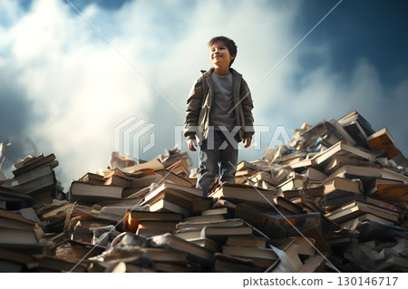 student boy stands on a hill of books. study and knowledge of science. student boy stands on a hill of books. study and knowledge of science. 130146717