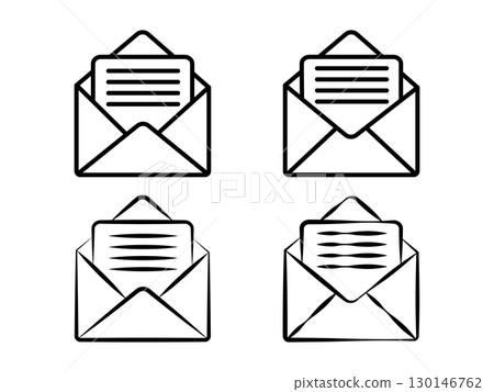 Mail icons. Mail delivery symbol. Main icon letter in envelope mail delivery symbol line art of open envelopes with documents. 130146762